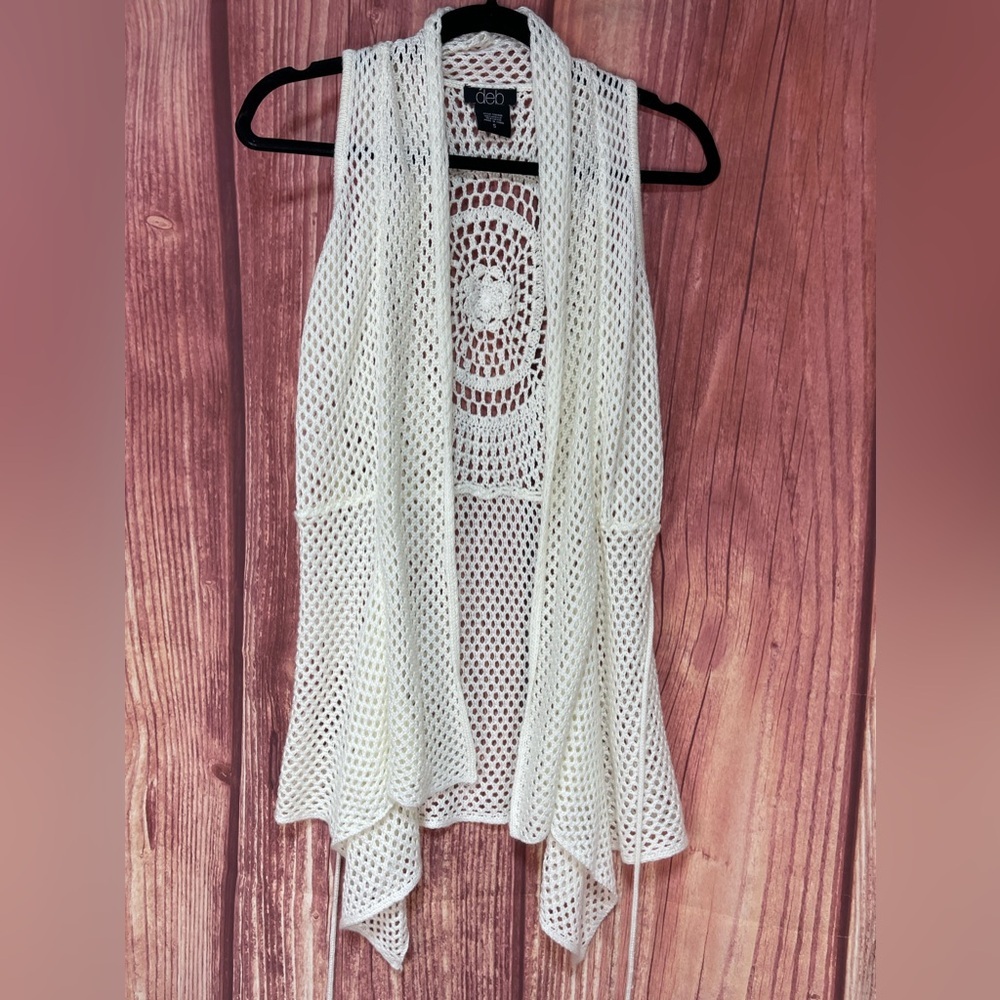 Deb off white crochet open front sleeveless cardigan sweater vest women’s size S - Picture 10 of 17